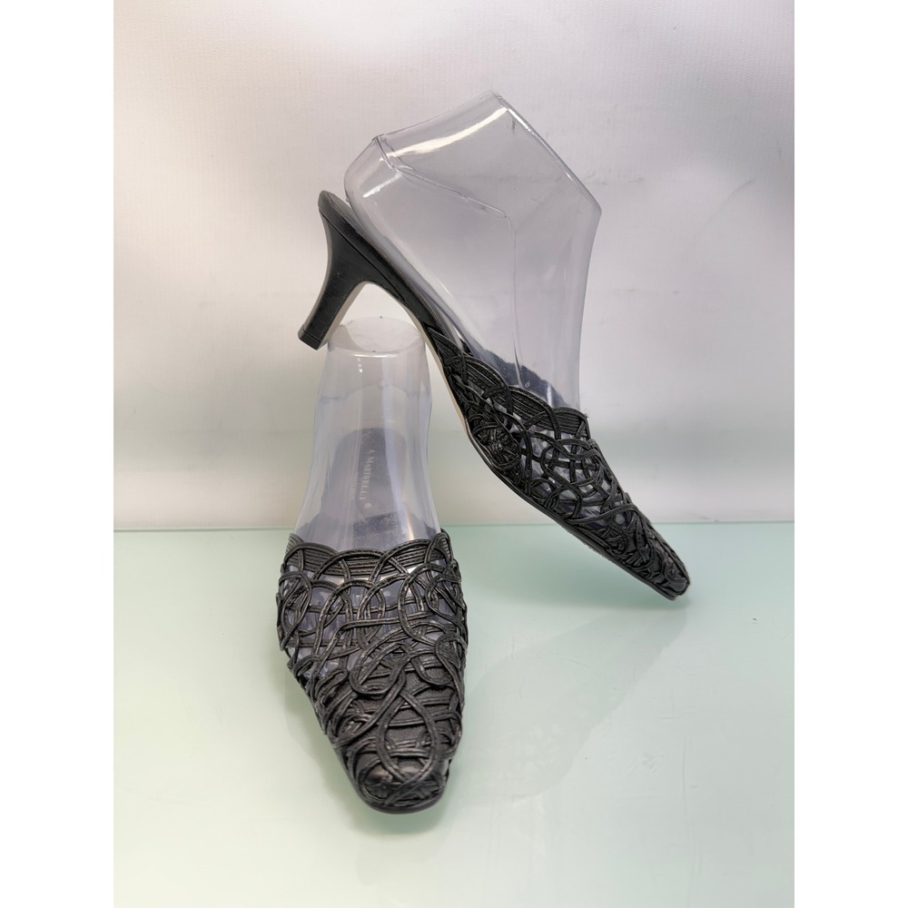 A Marinelli Mule Heels Women 7.5 Black Woven Pointed Toe Slides Office Siren Y2K